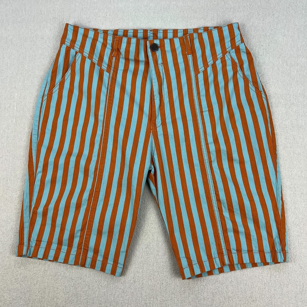 Lucy & Yak Striped Shorts Womens 36 Waist 10.5" Ins. Orange/Blue Organic Cotton